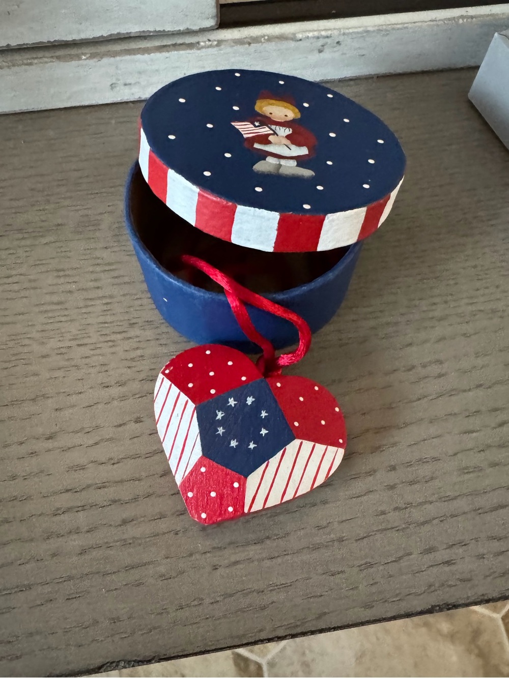 Hand-Painted Blue & Red Patriotic Heart Pendant with Keepsake Box